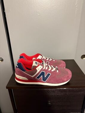 New Balance Red Suede Sneakers with Navy Accents